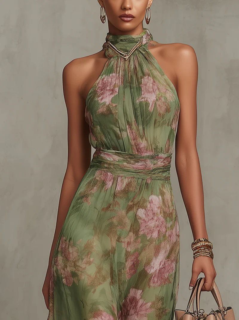 Serena ∙ Robe longue verte fleurie en mousseline avec décolleté dos-nu