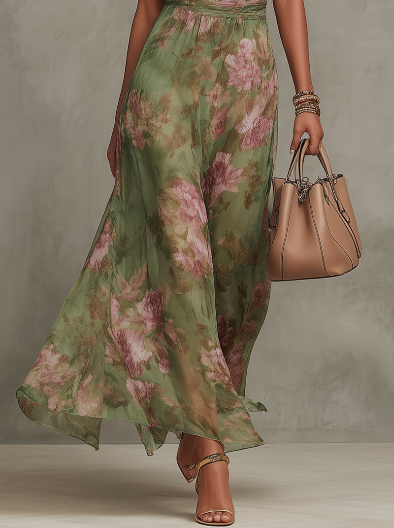 Serena ∙ Robe longue verte fleurie en mousseline avec décolleté dos-nu
