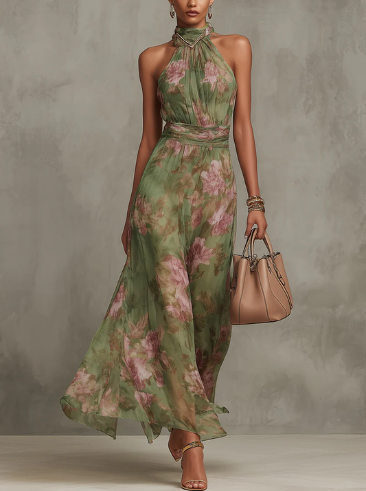 Serena ∙ Robe longue verte fleurie en mousseline avec décolleté dos-nu