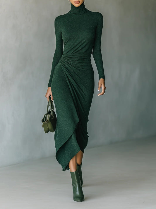 Lenora ∙ Robe midi portefeuille asymétrique plissée à col montant – Vert foncé