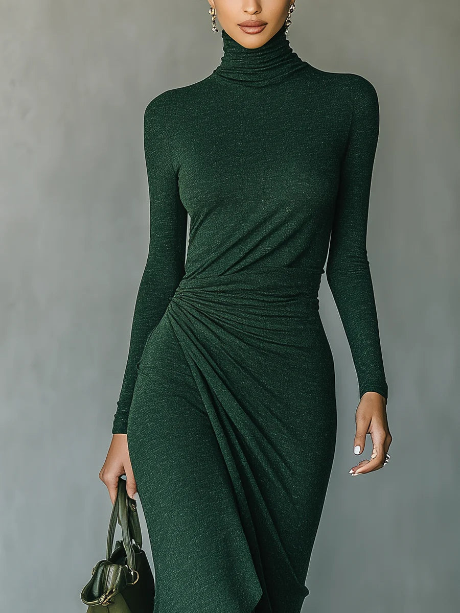 Lenora ∙ Robe midi portefeuille asymétrique plissée à col montant – Vert foncé