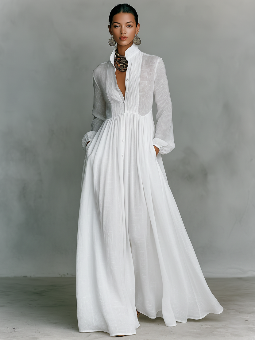 Robe Maxi Minimaliste en Coton et Lin avec Patchwork, Col Montant et Manches Longues