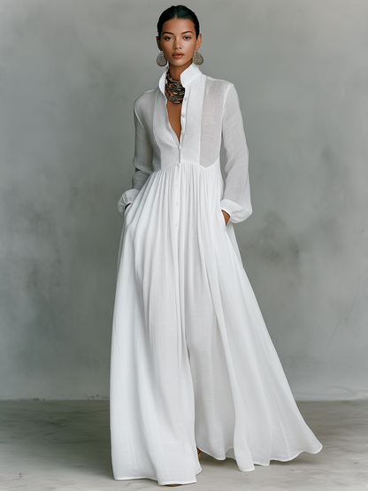 Robe Maxi Minimaliste en Coton et Lin avec Patchwork, Col Montant et Manches Longues