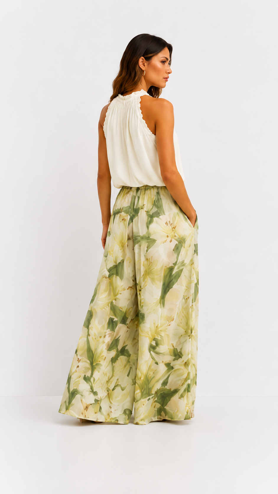 Alessandra | Top Sans Manches en Gaze à Volants et Pantalon Imprimé Lys