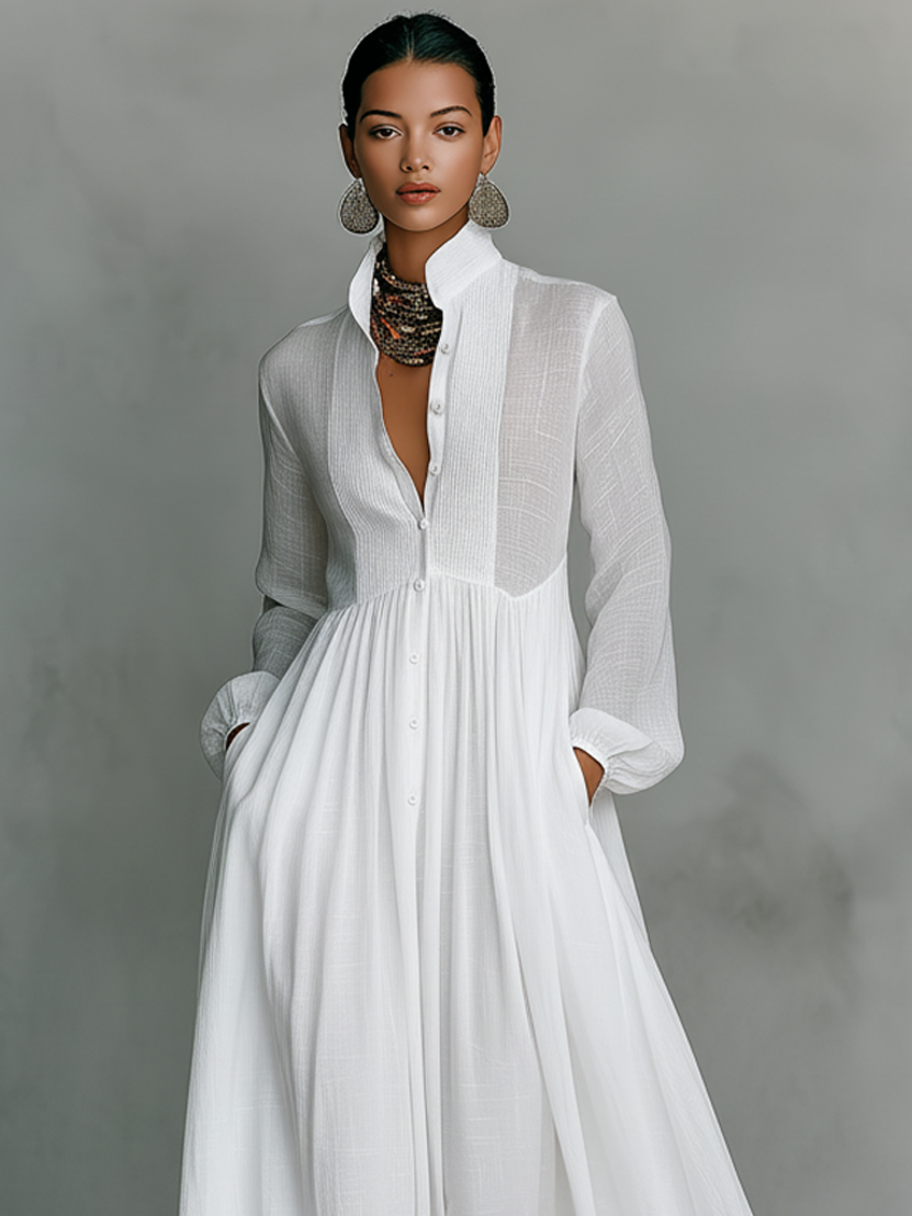 Robe Maxi Minimaliste en Coton et Lin avec Patchwork, Col Montant et Manches Longues