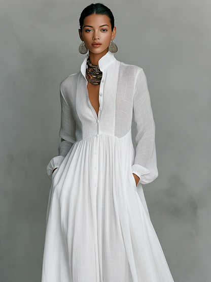 Robe Maxi Minimaliste en Coton et Lin avec Patchwork, Col Montant et Manches Longues