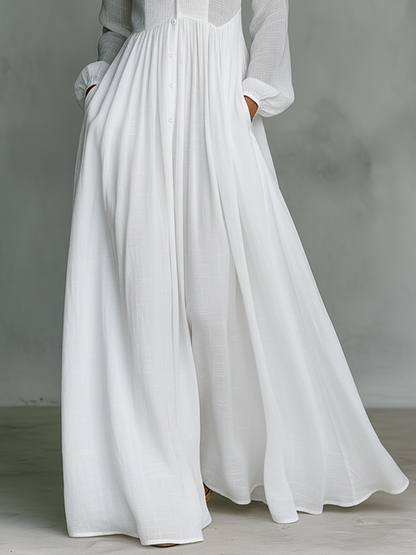 Robe Maxi Minimaliste en Coton et Lin avec Patchwork, Col Montant et Manches Longues